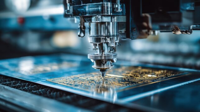 Multiaxis CNC engraving machine cuts intricate prototype patterns into metal sheets in a modern industrial workshop with precision tooling.