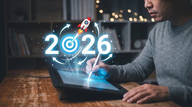 Man holding stylus pen writing year 2026 future goals projection