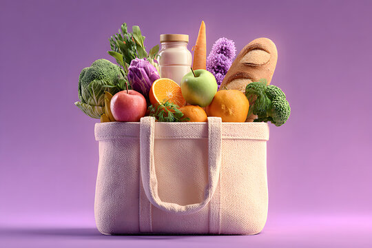 Eco bag with different groceries on lilac background