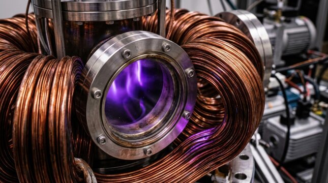 Circular plasma confinement chamber featuring toroidal copper induction coils, quartz viewports, and luminous violet ionization glow.