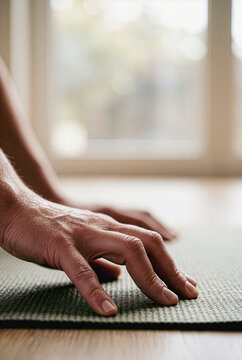 Hands of a person practicing yoga on a mat
