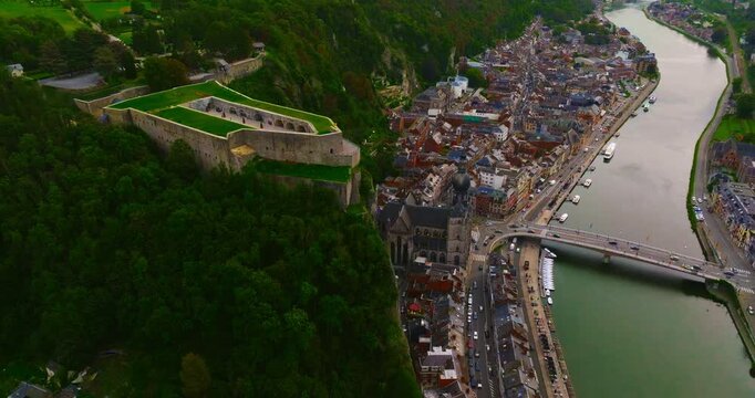 Aerial view of the beautiful, picturesque town of Dinant in Belgium, situated on the Meuse River between two cliffs