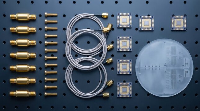 Quantum computing hardware flat lay on an anodized optical breadboard with gold-plated SMA attenuators, brass screws, coaxial cables, photonic chip packages, and sapphire substrate wafer.