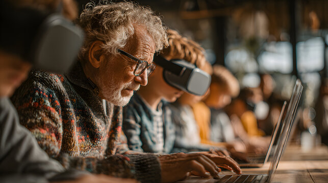 A diverse group of people from teenagers to seniors learning new skills through laptops, tablets, and VR headsets in a bright modern environment, symbolizing adaptability and lifelong learning across