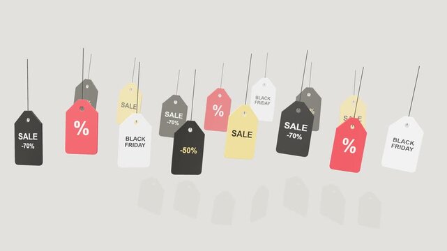 Various sale and Black Friday price tags swinging gently