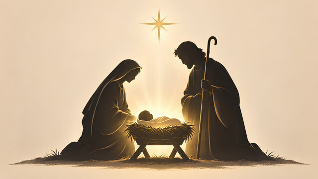 Kneeling Nativity Figures Watch Over a Baby Beneath a Star