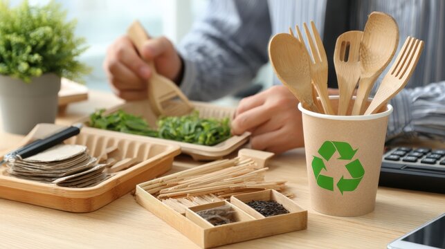 Hands organizing biodegradable and eco-friendly stationery, wooden pens, and recycled paper office supplies on a minimalist workplace desk.