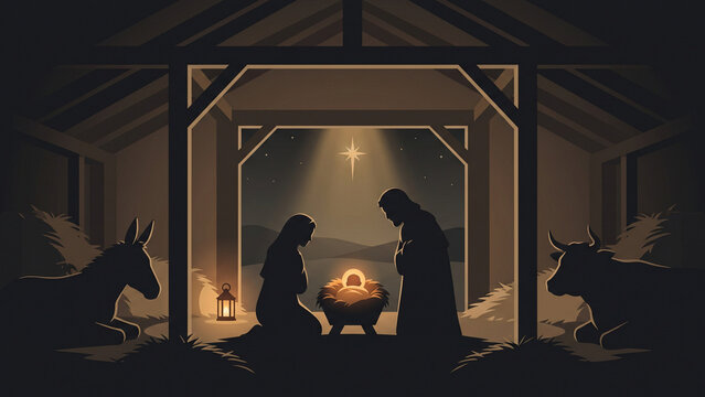 Nativity Manger Glows Between Two Figures and Farm Animals