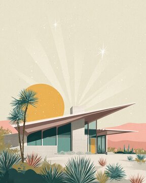 Mid Century Modern House in Desert Landscape With Sun Rays Digital Illustration of Retro Architecture And Nature