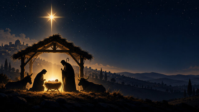 Rustic Nativity Stable Glows Under a Star on a Dark Hillside