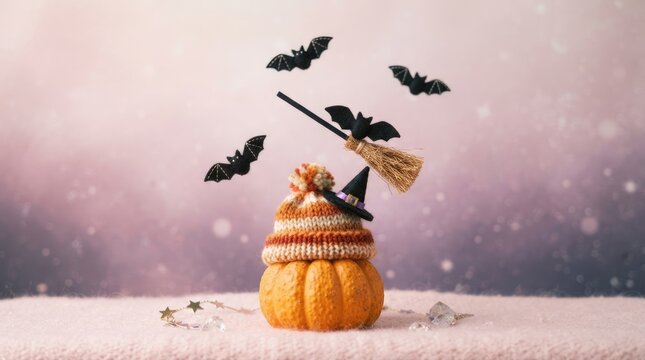 A miniature knitted pumpkin sits atop a witch's hat, surrounded by several small bat cutouts. The hat is striped and has a pom-pom.