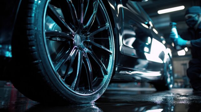 Automotive mechanic spraying tire shine gloss protectant onto car wheel in a professional auto detailing garage.