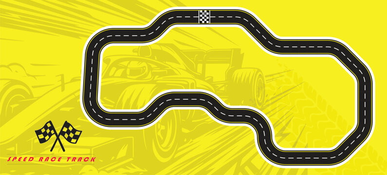 Speed Race Background. Race track in black color with tyre marks and city map on a white background.