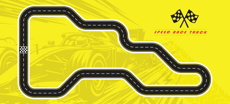 Speed Race Background. Race track in black color with tyre marks and city map on a white background.