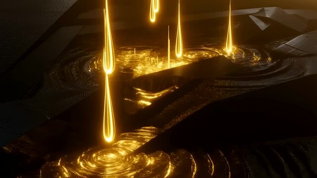 Glowing Golden Liquid Dripping Into Dark Ripples With Abstract Lighting And Luxury Fluid Motion Design