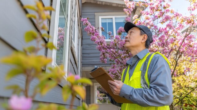 Medium shot of a housing inspector examining exterior walls and windows during a vibrant spring public housing inspection with blooming trees in the background.