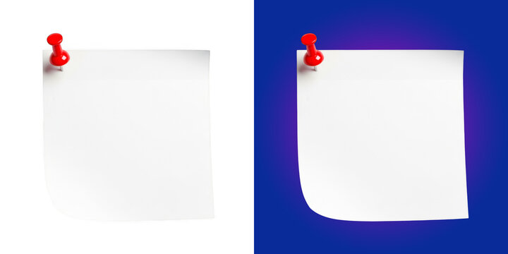 Blank square white paper note attached with a red push pin for messages