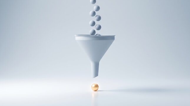 Abstract minimalist concept of a white funnel with grey spheres falling in and a single golden sphere dropping out, symbolizing business sales pipeline