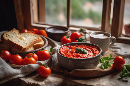 Tomato sauce and bread with fresh tomatoes