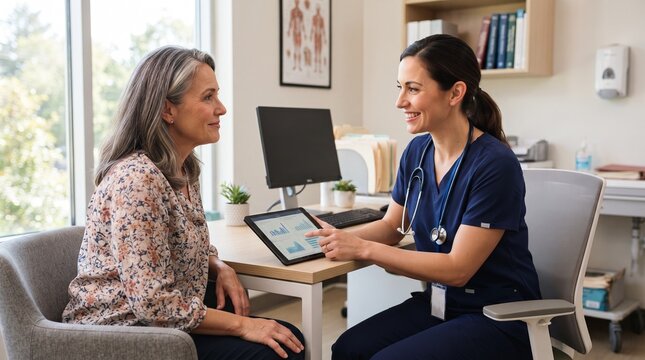 A healthcare professional showing medical results on a tablet to a patient in a doctor's office. The patient is listening attentively while the doctor explains the information.