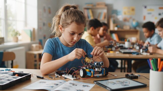 A young girl engrossed in building a robot in a classroom, surrounded by other children engaged in a similar activity. The scene highlights STEM education and hands-on learning
