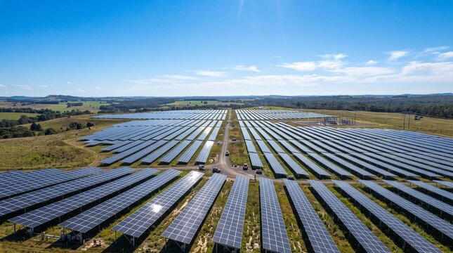 Vast solar panel farm stretching across a rural landscape under a clear blue sky