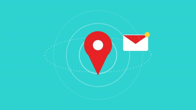 Geo-location and Messaging Concept. Map Pin with Email Notification and Signal Waves on Teal Background. Delivery and Contact.