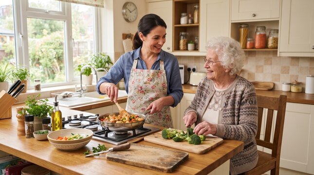 A young woman helping an elderly woman prepare a meal in a bright, cozy kitchen. They are both smiling and engaged in cooking together, surrounded by fresh ingredients and kitchen essentials