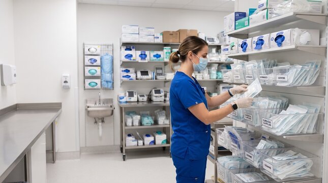 A nurse wearing blue scrubs and a mask organizes medical supplies in a clean, well-stocked room. She is carefully checking a package.