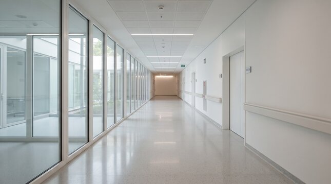 A bright and empty modern hospital corridor with large glass windows on one side. The polished floor reflects the overhead lights, creating a sense of clean efficiency and quiet expectation.