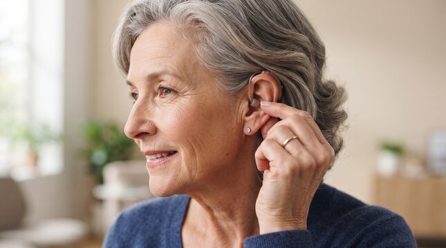 An elderly woman with gray hair is adjusting a hearing aid in her ear. She is smiling and looking to the side, appearing content and comfortable. The background is softly blurred.