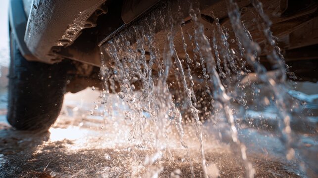 Warm water rinsing dirt and road salt from a vehicle undercarriage during preventive automotive maintenance.