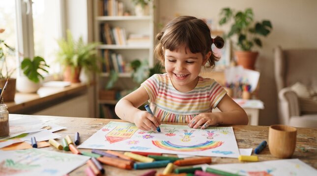 A cheerful young girl with pigtails engrossed in drawing a colorful picture at a wooden table, surrounded by art supplies. She's happily coloring with a blue crayon.