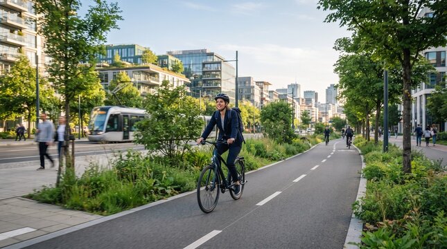 A man in a suit rides a bicycle on a dedicated bike lane past modern buildings and lush greenery. A tram can be seen in the background, highlighting sustainable urban transportation and living.