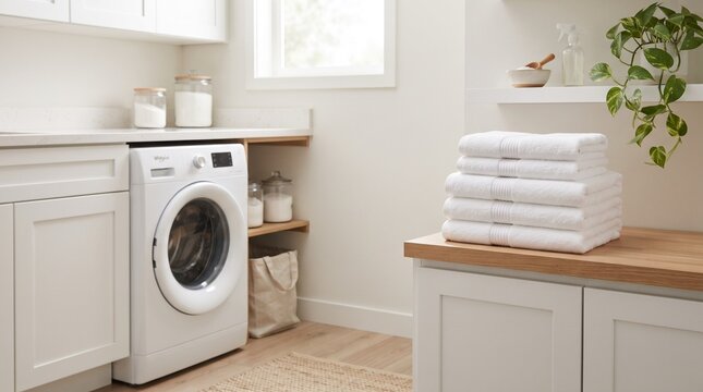 A modern laundry room with a washing machine, neatly folded white towels, and organized storage