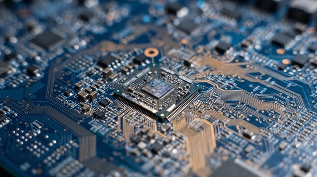 A close-up view of a complex computer motherboard, showcasing intricate circuits, microchips, and electronic components. The blue PCB is densely populated with various parts.