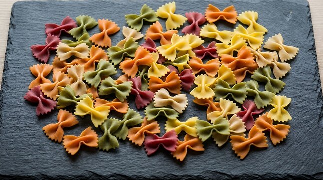 Assorted colorful dried farfalle bow tie pasta shapes scattered across a dark rustic textured slate surface showcasing healthy natural vegetable dyes Italian cuisine and gourmet culinary