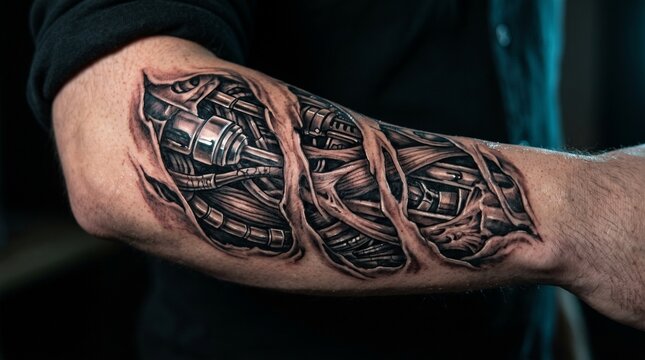 Detailed Biomechanical Horror Tattoo Revealing Cyborg Wires On Arm