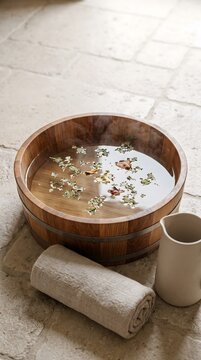 Vertical photograph of a shallow round timber foot soaking basin filled with warm water resting on a pale stone floor.
