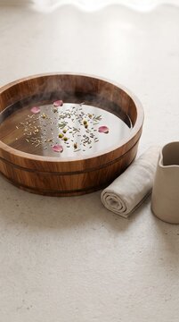 Vertical photograph of a shallow round timber foot soaking basin filled with warm water resting on a pale stone floor.