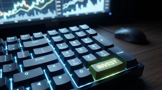 Modern illuminated backlit computer keyboard keypad buttons featuring glowing invest key for financial investment stock market banking technology economic growth conceptual composition invest