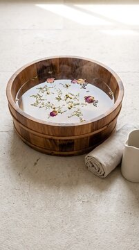 Vertical photograph of a shallow round timber foot soaking basin filled with warm water resting on a pale stone floor.