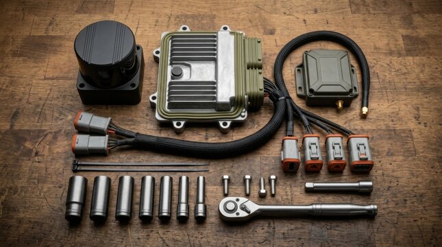 Autonomous heavy machinery guidance components with LiDAR sensor, ECU controller, RTK receiver, Deutsch connectors, and socket wrench set on workbench.