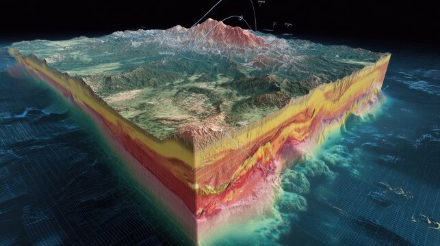 Geological model maps tectonic plate subduction and earthquake wave propagation through Earth's crust in a real time simulation.