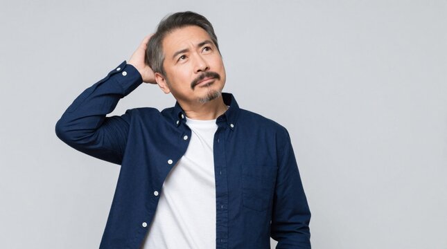 Thoughtful Japanese man with mustache, goatee scratches head looking up with confused expression. Middle aged Asian male feels uncertain puzzled in studio. Adult person seeks solution remembers