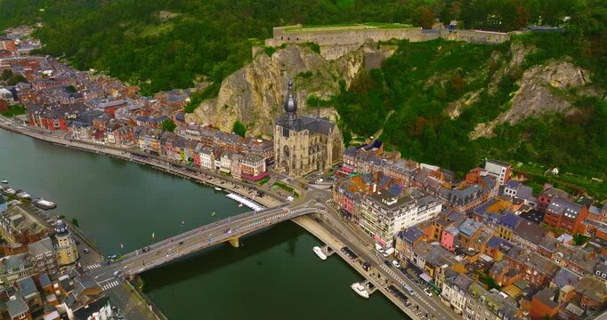 Aerial view of the beautiful, picturesque town of Dinant in Belgium, situated on the Meuse River between two cliffs