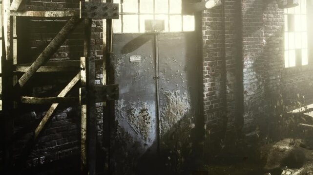 Sunlight streams into a neglected industrial building through large dirty windows revealing dusty brick walls and a weathered metal door during the early morning hours in an empty interior space