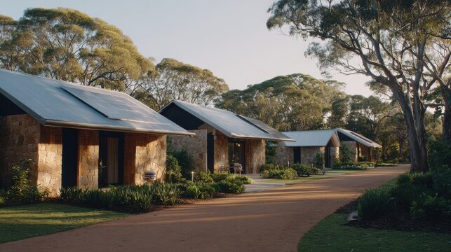 Medium shot showcasing sustainable housing built with local timber and stone emphasizing natural textures and environmentally responsible materials.