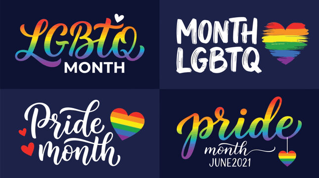 Vibrant LGBTQ pride month typography and lettering designs set against dark blue backgrounds