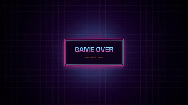 Retro Neon Arcade Digital Game Over Screen Design With Glowing Purple Border And Grid Pattern